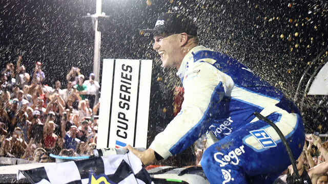 DAYTONA BEACH, FLORIDA - AUGUST 29: Ryan Preece, driver of the #60 Kroger/OIKOS Ford, celebrates in victory lane after winning the NASCAR Cup Series Coke Zero Sugar 400 at Daytona International Speedway on August 29, 2026 in Daytona Beach, Florida.