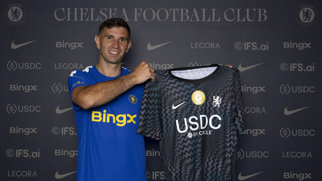 COBHAM, ENGLAND - AUGUST 28: Chelsea Unveil New Signing Emiliano Martinez at Chelsea Training Ground on August 28, 2026 in Cobham, United Kingdom.
