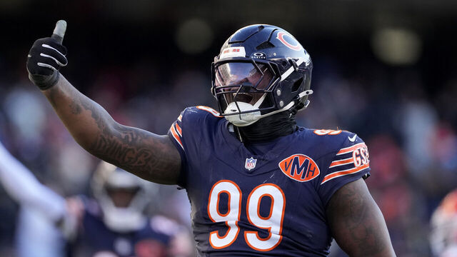 CHICAGO, ILLINOIS - DECEMBER 14: Gervon Dexter Sr. #99 of the Chicago Bears celebrates a sack during the second half against the Cleveland Browns on December 14, 2025 in Chicago, Illinois.