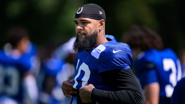 WESTFIELD, IN - AUGUST 20: Indianapolis Colts wide receiver Keenan Allen (10) runs through a drill during the Indianapolis Colts and Atlanta Falcons joint training camp practice on August 20, 2026 at the Grand Park Sports Campus in Westfield, IN.