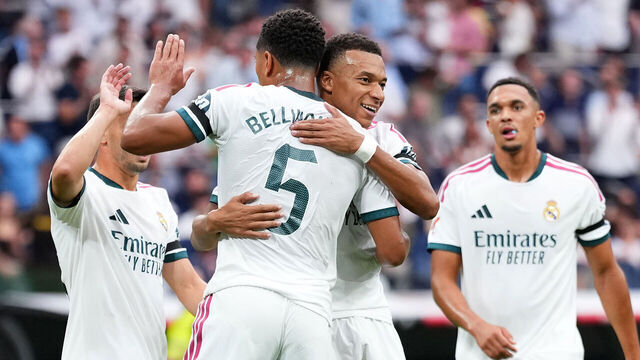MADRID, SPAIN - AUGUST 30: Jude Bellingham and Kylian Mbappe of Real Madrid celebrate after Alfonso Herrero of Malaga scores an own goal, the second goal for Real Madrid during the LaLiga EA Sports 2026/27 match between Real Madrid and Malaga CF at Estadio Santiago Bernabeu on August 30, 2026 in Madrid, Spain.