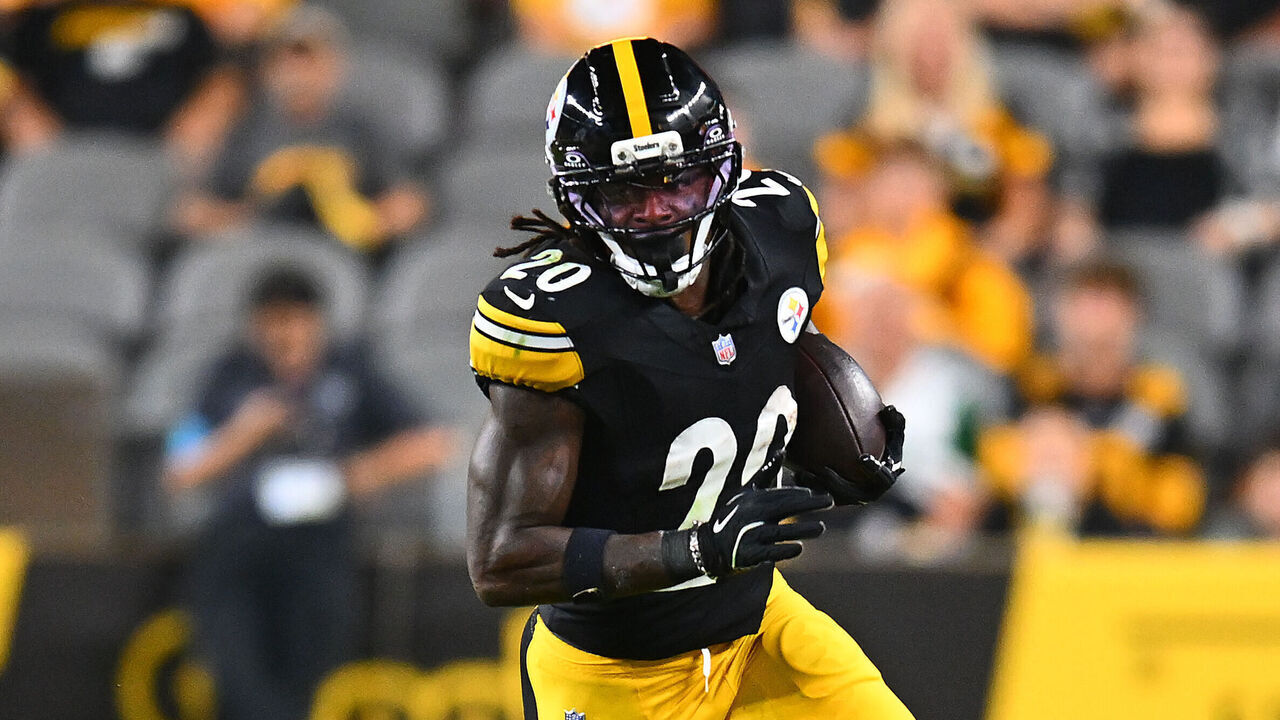 PITTSBURGH, PENNSYLVANIA - AUGUST 21: Kaleb Johnson #20 of the Pittsburgh Steelers in action during the game against the New York Jets at Acrisure Stadium on August 21, 2026 in Pittsburgh, Pennsylvania.