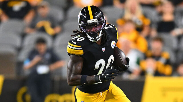 PITTSBURGH, PENNSYLVANIA - AUGUST 21: Kaleb Johnson #20 of the Pittsburgh Steelers in action during the game against the New York Jets at Acrisure Stadium on August 21, 2026 in Pittsburgh, Pennsylvania.