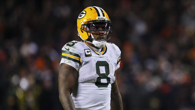 CHICAGO, IL - JANUARY 10: Josh Jacobs #8 of the Green Bay Packers looks on from the field during an NFC Wild Card Playoff game against the Chicago Bears at Soldier Field on January 10, 2026 in Chicago, Illinois.