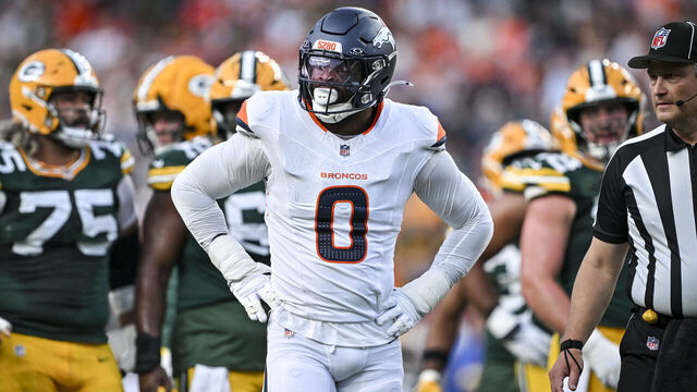 DENVER , CO - AUGUST 21: Jonathon Cooper (0) of the Denver Broncos stands between plays during the first quarter against the Green Bay Packers at Empower Field at Mile High in Denver, Colorado on Friday, August 21, 2026.