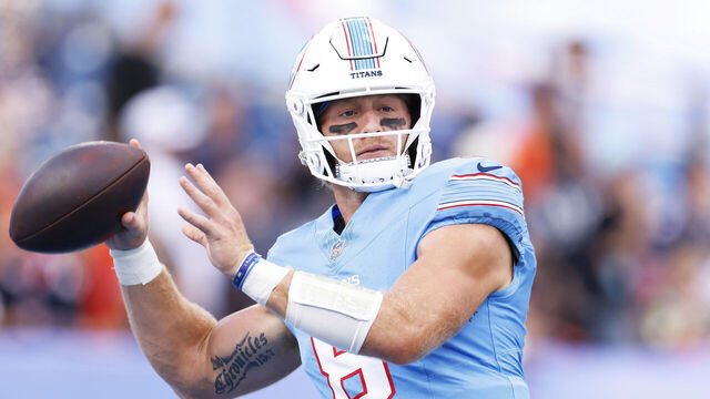 NASHVILLE, TENNESSEE - AUGUST 29: Will Levis #8 of the Tennessee Titans warms up prior to the Week 3 preseason game against the Chicago Bears at Nissan Stadium on August 29, 2026 in Nashville, Tennessee.