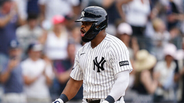 NEW YORK, NEW YORK - AUGUST 30: Heliot Ramos #34 of the New York Yankees reacts while heading to home base after connecting for his fifth inning three-run home run against the Boston Red Sox at Yankee Stadium on August 30, 2026 in New York City.