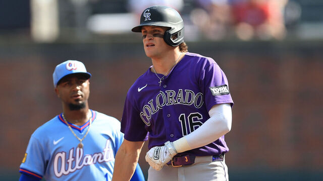 ATLANTA, GA - AUGUST 29: Colorado Rockies center fielder Cole Carrigg (16) reacts after reaching 2nd base during the MLB game between the Colorado Rockies and the Atlanta Braves on August 29, 2026 at TRUIST Park in Atlanta, GA.
