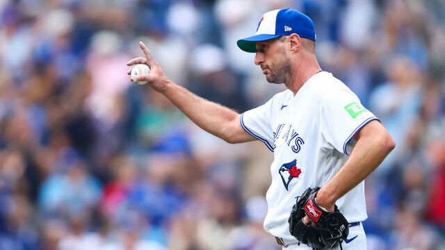TORONTO, CANADA - AUGUST 30: Max Scherzer #31 of the Toronto Blue Jays reacts after striking out Cal Raleigh #29 of the Seattle Mariners (not pictured) in the seventh inning of their MLB game at Rogers Centre on August 30, 2026 in Toronto, Ontario, Canada.
