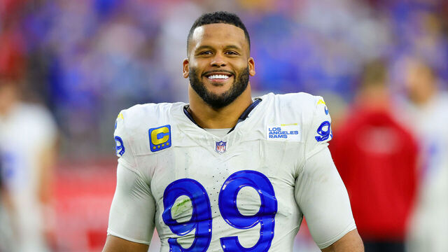 GLENDALE, AZ - NOVEMBER 26: Los Angeles Rams defensive tackle Aaron Donald (99) after an NFL game between the Los Angeles Rams and the Arizona Cardinals on November 26, 2023, at State Farm Stadium in Glendale, AZ.