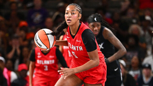 ATLANTA, GA - AUGUST 30: Angel Reese #5 of the Atlanta Dream dribbles the ball during the game against the Minnesota Lynx on August 30, 2026 at Gateway Center Arena at College Park in Atlanta, Georgia. Mandatory Copyright Notice: Copyright 2026 NBAE