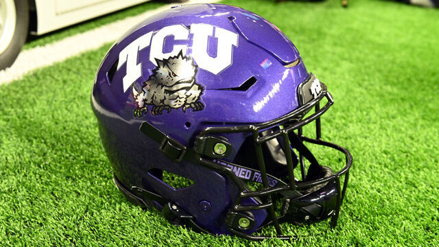 SAN ANTONIO, TX - DECEMBER 30: A TCU Horned Frogs helmet rests on the sidelines during Valero Alamo Bowl game featuring the TCU Horned Frogs and the USC Trojans on December 30, 2025 at the Alamodome in San Antonio, TX.