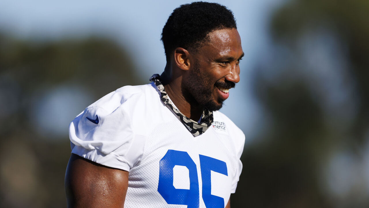 LOS ANGELES, CALIFORNIA - JULY 26: Myles Garrett #95 of the Los Angeles Rams smiles during training camp at Loyola Marymount University on July 26, 2026 in Los Angeles, California.