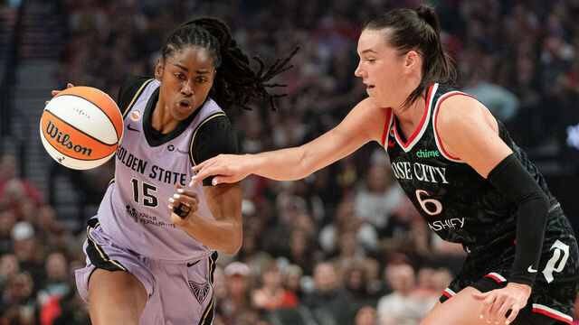 PORTLAND, OREGON - AUGUST 30: Tiffany Hayes #15 of the Golden State Valkyries drives to the basket against Bridget Carleton #6 of the Portland Fire during the first half of the game at Moda Center on August 30, 2026 in Portland, Oregon.