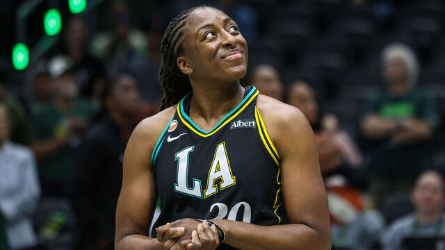 SEATTLE, WASHINGTON - AUGUST 30: Nneka Ogwumike #30 of the Los Angeles Sparks smiles before the game against the Seattle Storm at Climate Pledge Arena on August 30, 2026 in Seattle, Washington.