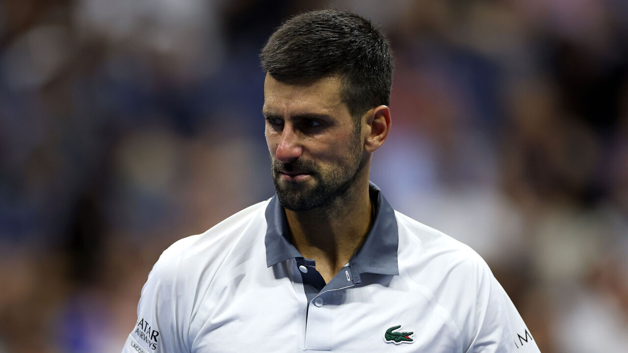NEW YORK NEW YORK - AUGUST 30: Novak Djokovic of Serbia looks on against Mariano Navone of Argentina during their Men's Singles First Round match on Day One of the 2026 US Open at USTA Billie Jean King National Tennis Center on August 30, 2026 in the Flushing neighborhood of the Queens borough of New York City.