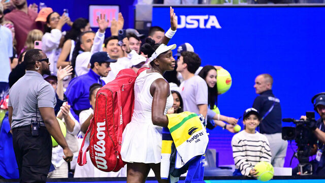 NEW YORK, NEW YORK - AUGUST 30: Venus Williams gestures to the crowd after a Women's Singles match on Day One of the 2026 US Open at USTA Billie Jean King National Tennis Center on Sunday, August 30, 2026 in Flushing, NY.