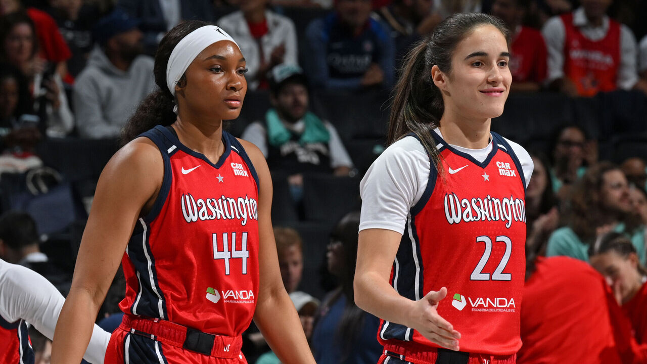 BROOKLYN, NY - SEPTEMBER 9: Kiki Iriafen #44 and Sonia Citron #22 of the Washington Mystics smiles during the game against the New York Liberty on September 9, 2025 at Barclays Center in Brooklyn, New York. Mandatory Copyright Notice: Copyright 2025 NBAE