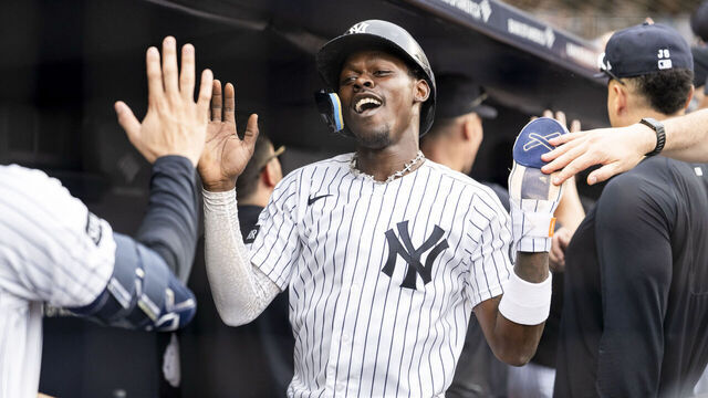 NEW YORK, NY - AUGUST 30: Jazz Chisholm Jr. #13 of the New York Yankees celebrates with teammates in the dugout after scoring a run in the eighth inning during the game between the Boston Red Sox and the New York Yankees at Yankee Stadium on Sunday, August 30, 2026 in New York, New York.