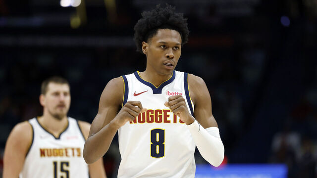 NEW ORLEANS, LOUISIANA - NOVEMBER 19: Peyton Watson #8 of the Denver Nuggets reacts during the first half at Smoothie King Center on November 19, 2025 in New Orleans, Louisiana.