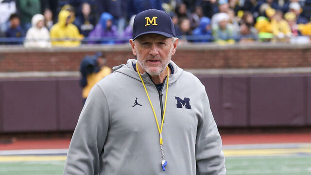 ANN ARBOR, MI - APRIL 18: Michigan Wolverines head coach Kyle Whittingham watches the action on the field during the Michigan spring football game on April 18, 2026 at Michigan Stadium in Ann Arbor, MI.