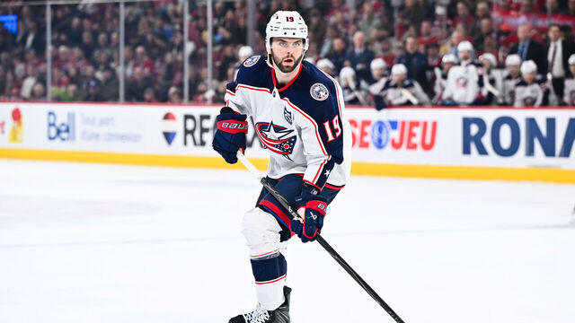 MONTREAL, CANADA - MARCH 26: Adam Fantilli #19 of the Columbus Blue Jackets skates during the third period against the Montréal Canadiens at the Bell Centre on March 26, 2026 in Montreal, Quebec, Canada. The Montréal Canadiens defeated the Columbus Blue Jackets 2-1.