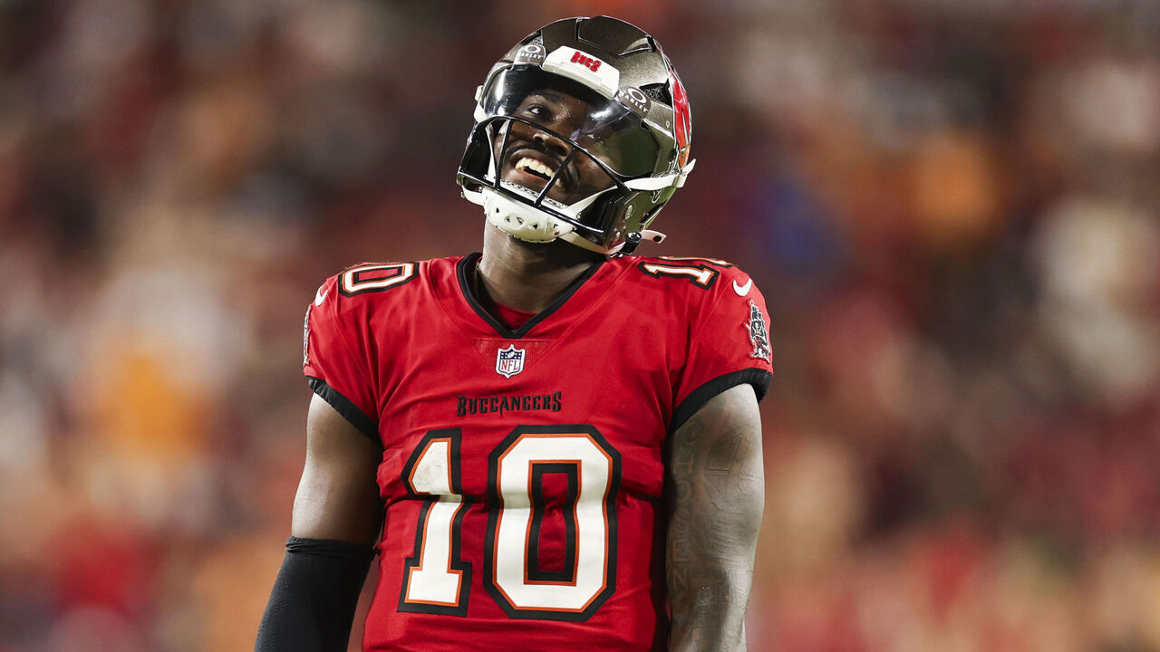 TAMPA, FLORIDA - AUGUST 22: Jalon Daniels #10 of the Tampa Bay Buccaneers celebrates during the fourth quarter of a preseason NFL football game against the Kansas City Chiefs at Raymond James Stadium on August 22, 2026 in Tampa, Florida.