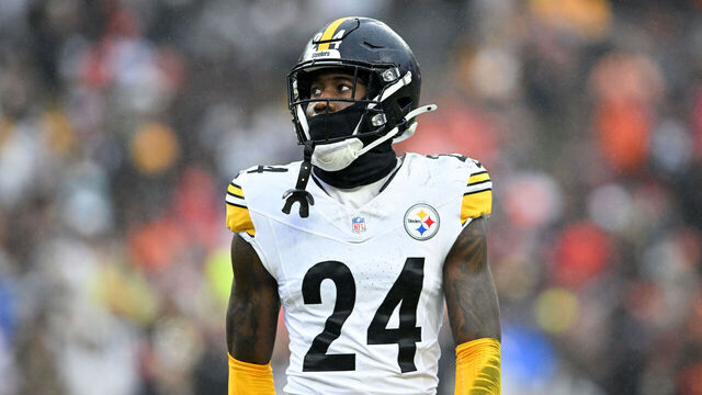CLEVELAND, OHIO - DECEMBER 28: Joey Porter Jr. #24 of the Pittsburgh Steelers looks on during the first quarter against the Cleveland Browns at Huntington Bank Field on December 28, 2025 in Cleveland, Ohio.