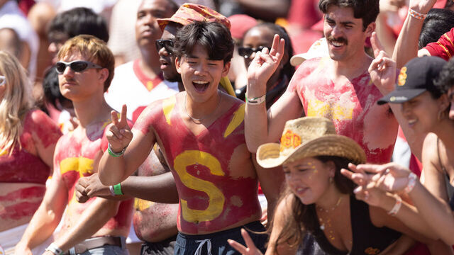LOS ANGELES, CA - AUGUST 29: USC students in the stands during a football game between the USC Trojans and the San Jose State Spartans on August 29, 2026, at the Los Angeles Memorial Coliseum in Los Angeles, California.