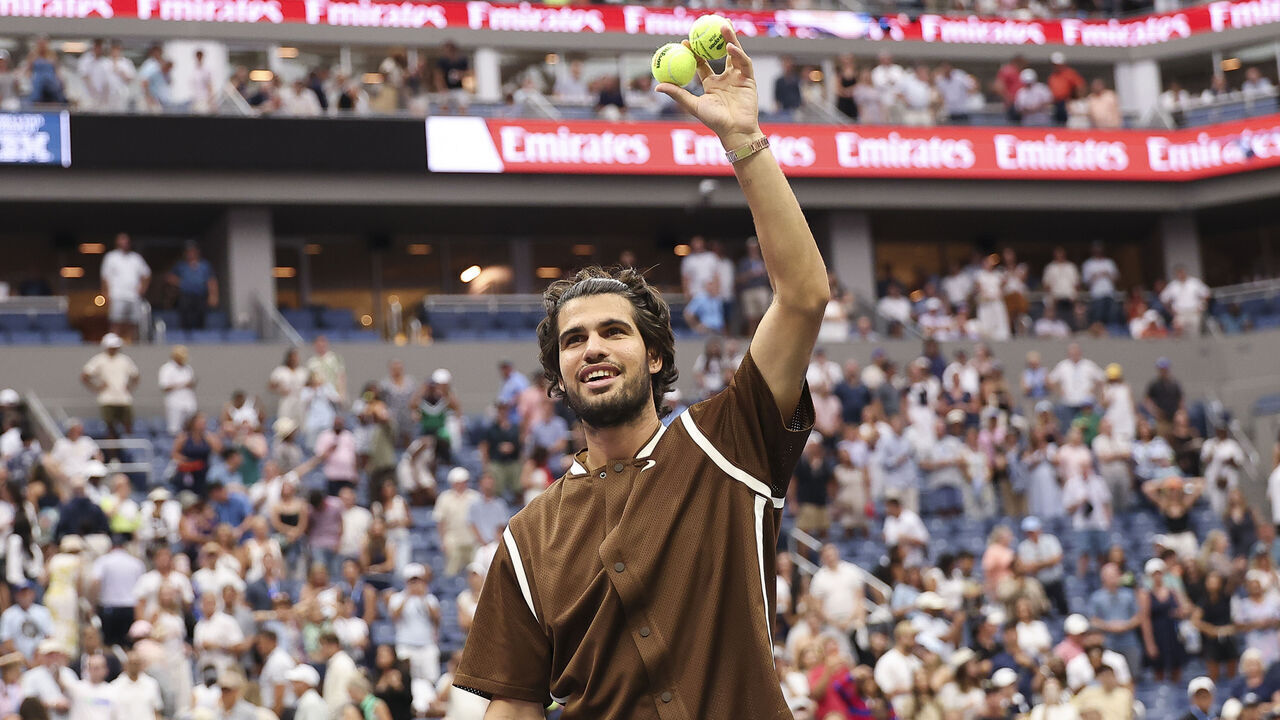NEW YORK, NEW YORK - AUGUST 31: Carlos Alcaraz against Roman Safiullin during the Emirates Ball Flight after a Men's Singles match on Day Two of the 2026 US Open at USTA Billie Jean King National Tennis Center on Monday, August 31, 2026 in Flushing, NY.