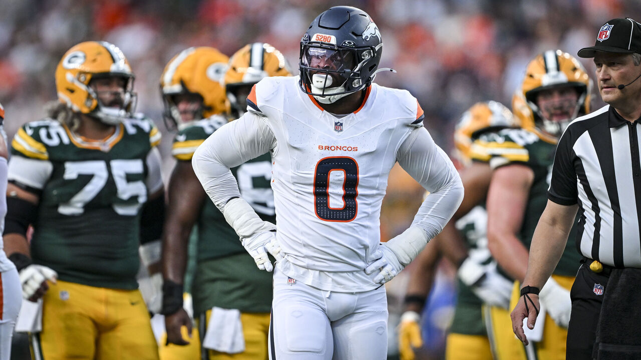 DENVER , CO - AUGUST 21: Jonathon Cooper (0) of the Denver Broncos stands between plays during the first quarter against the Green Bay Packers at Empower Field at Mile High in Denver, Colorado on Friday, August 21, 2026.