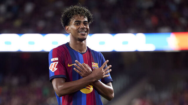 BARCELONA, SPAIN - AUGUST 31: Lamine Yamal of FC Barcelona celebrates after the fifth goal of his team during the LaLiga EA Sports 2026/27 match between FC Barcelona and Rayo Vallecano de Madrid at Spotify Camp Nou on August 31, 2026 in Barcelona, Spain.