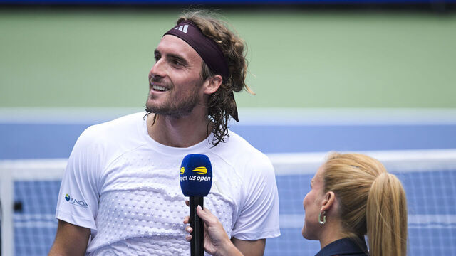 NEW YORK, NEW YORK - AUGUST 31: Stefanos Tsitsipas speaks to Blair Henley after winning a Men's Singles match on Day Two of the 2026 US Open at USTA Billie Jean King National Tennis Center on Monday, August 31, 2026 in Flushing, NY.