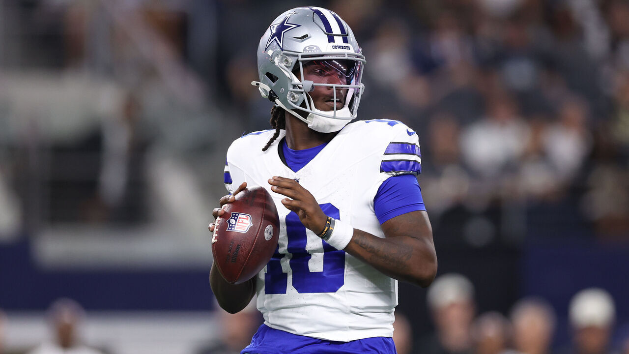 ARLINGTON, TEXAS - AUGUST 28: Joe Milton III #10 of the Dallas Cowboys looks to pass during the first quarter of the 2026 NFL preseason game against the New Orleans Saints at AT&T Stadium on August 28, 2026 in Arlington, Texas.
