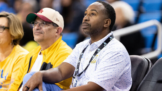 LOS ANGELES, CALIFORNIA - FEBRUARY 4: UCLA Bruins Athletic Director Martin Jarmond sits courtside during the first half of a game against the Rutgers Scarlet Knights at Pauley Pavilion on February 4, 2026 in Los Angeles, California.