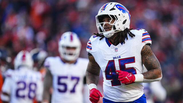 DENVER, CO - JANUARY 17: Shaq Thompson #45 of the Buffalo Bills runs across the field during an NFL divisional playoff football game against the Denver Broncos at Empower Field At Mile High on January 17, 2026 in Denver, Colorado.