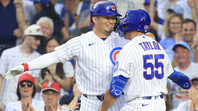 CHICAGO, ILLINOIS - AUGUST 31: Tyrone Taylor #55 of the Chicago Cubs celebrates a two run home run with Seiya Suzuki #27 of the Chicago Cubs during the first inning against the Milwaukee Brewers at Wrigley Field on August 31, 2026 in Chicago, Illinois.