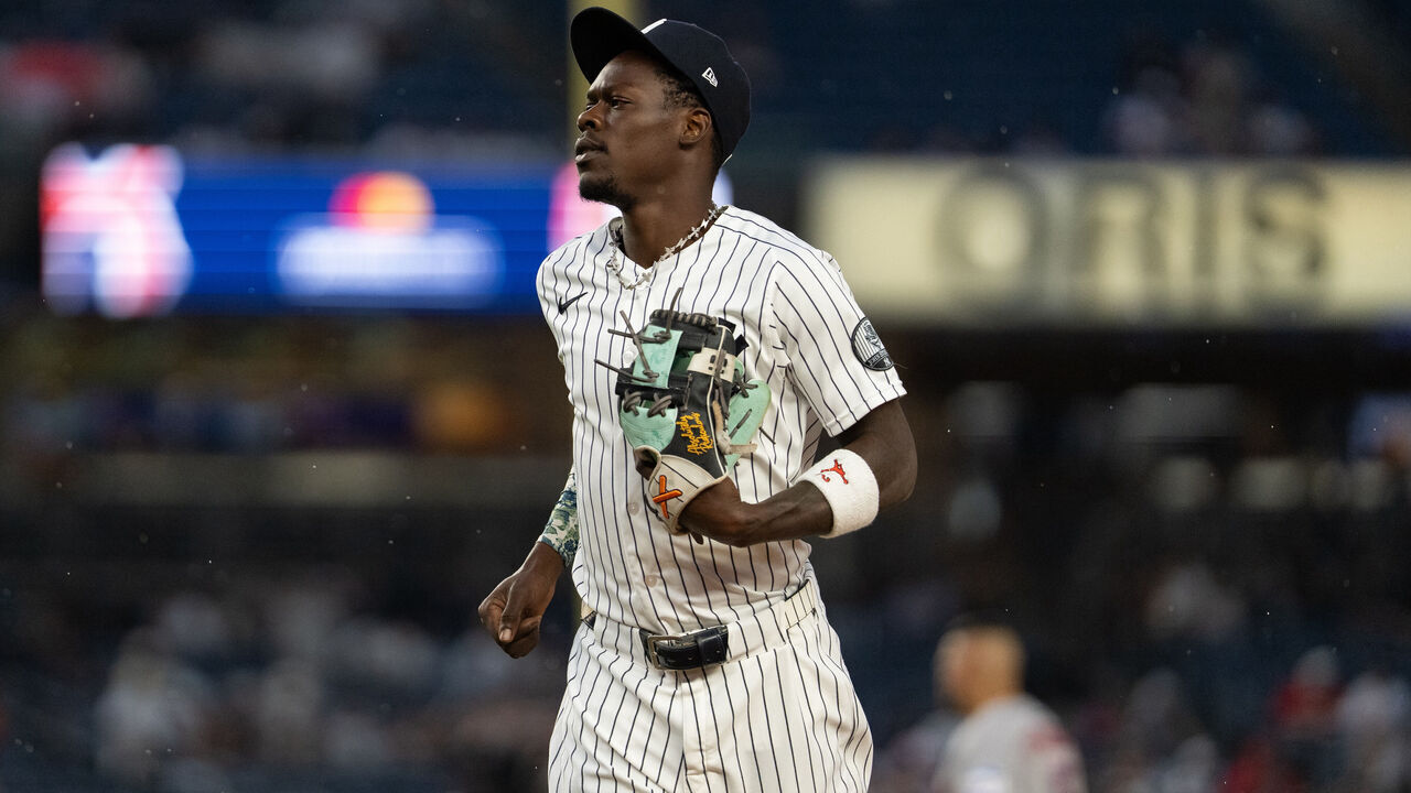 NEW YORK, NY - AUGUST 27: Jazz Chisholm Jr. #13 of the New York Yankees looks on during the game between the Houston Astros and the New York Yankees at Yankee Stadium on Thursday, August 27, 2026 in New York, New York.
