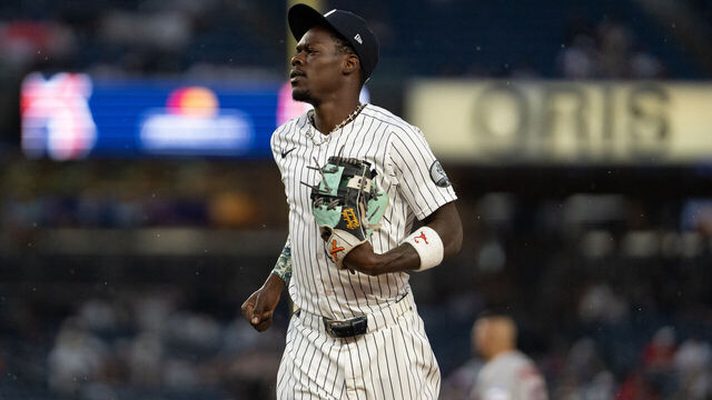 NEW YORK, NY - AUGUST 27: Jazz Chisholm Jr. #13 of the New York Yankees looks on during the game between the Houston Astros and the New York Yankees at Yankee Stadium on Thursday, August 27, 2026 in New York, New York.