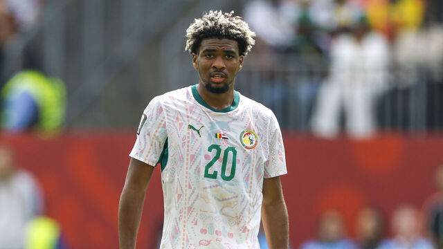 TORONTO, CANADA - JUNE 26: Ibrahim Mbaye #20 of Senegal watches the corner kick during the FIFA World Cup 2026 Group I match between Senegal and Iraq at Toronto Stadium on June 26, 2026 in Toronto, Canada.