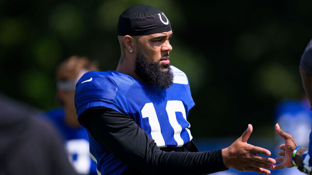 WESTFIELD, IN - AUGUST 20: Indianapolis Colts wide receiver Keenan Allen (10) runs through a drill during the Indianapolis Colts and Atlanta Falcons joint training camp practice on August 20, 2026 at the Grand Park Sports Campus in Westfield, IN.