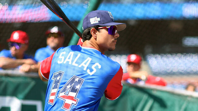 PHILADELPHIA, PA - JULY 12: Ethan Salas #14 of the San Diego Padres takes batting practice prior to the 2026 All-Star Futures Game Presented by Nike at Citizens Bank Park on Sunday, July 12, 2026 in Philadelphia, Pennsylvania.