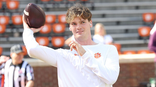 CLEMSON, SC - OCTOBER 18: Clemson Tigers quarterback Christopher Vizzina (17) during a college football game between the SMU Mustangs and the Clemson Tigers on October 18, 2025 at Memorial Stadium in Clemson, S.C.