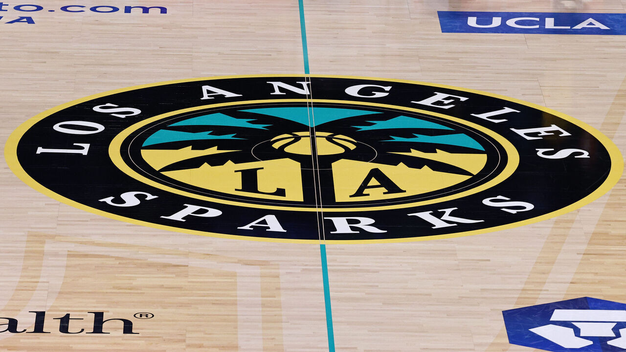LOS ANGELES, CA - JULY 10: The Los Angeles Sparks logo displayed at center court during a WNBA game between the Chicago Sky and the Los Angeles Sparks on July 10, 2026 at Crypto.com Arena in Los Angeles, California.