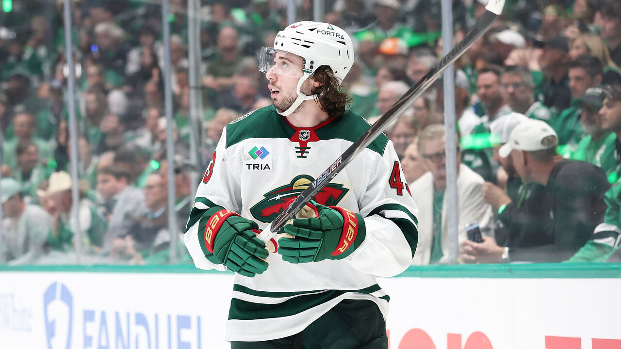 DALLAS, TEXAS - APRIL 28: Quinn Hughes #43 of the Minnesota Wild skates against the Dallas Stars during Game Five of the First Round of the 2026 Stanley Cup Playoffs at the American Airlines Center on April 28, 2026 in Dallas, Texas.