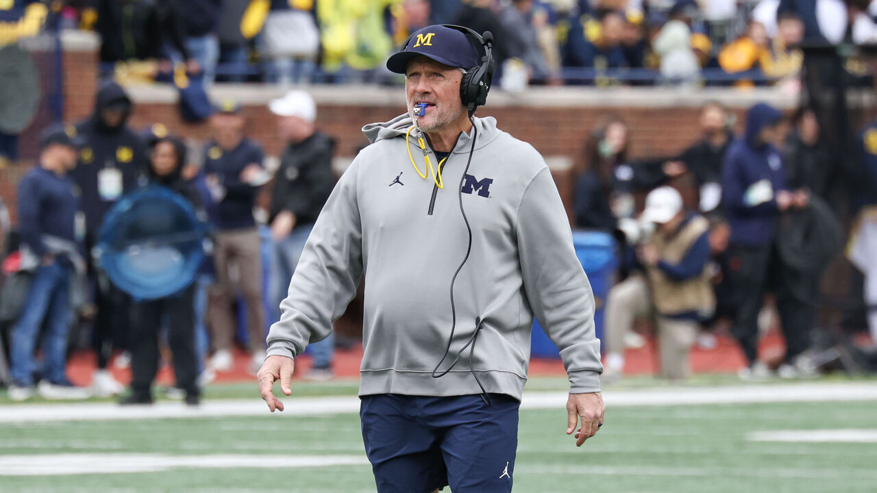 ANN ARBOR, MI - APRIL 18: Michigan Wolverines head coach Kyle Whittingham watches the action on the field during the Michigan spring football game on April 18, 2026 at Michigan Stadium in Ann Arbor, MI.