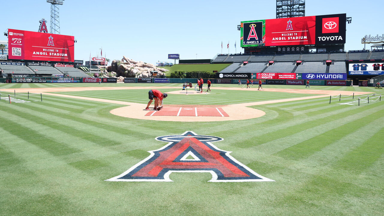 ANAHEIM, CALIFORNIA - JULY 22: A general view of the Angels logo behind home plate at Angel Stadium of Anaheim on July 22, 2026 in Anaheim, California.