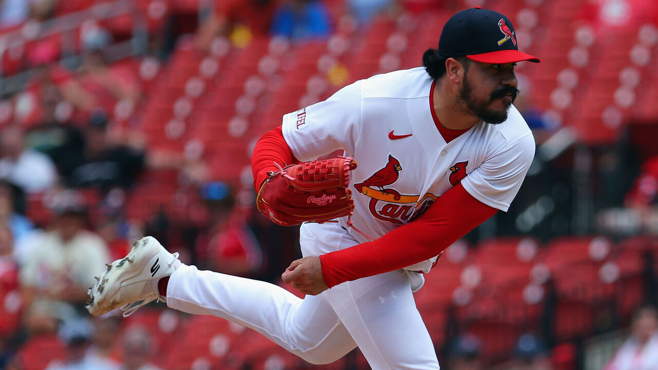 ST LOUIS, MISSOURI - JULY 12: Jojo Romero #59 of the St. Louis Cardinals delivers a pitch against the Atlanta Braves in the ninth inning at Busch Stadium on July 12, 2026 in St Louis, Missouri.