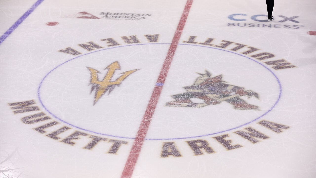 TEMPE, ARIZONA - OCTOBER 30: Detail of the center-ice logo at Mullett Arena on October 30, 2022 in Tempe, Arizona.