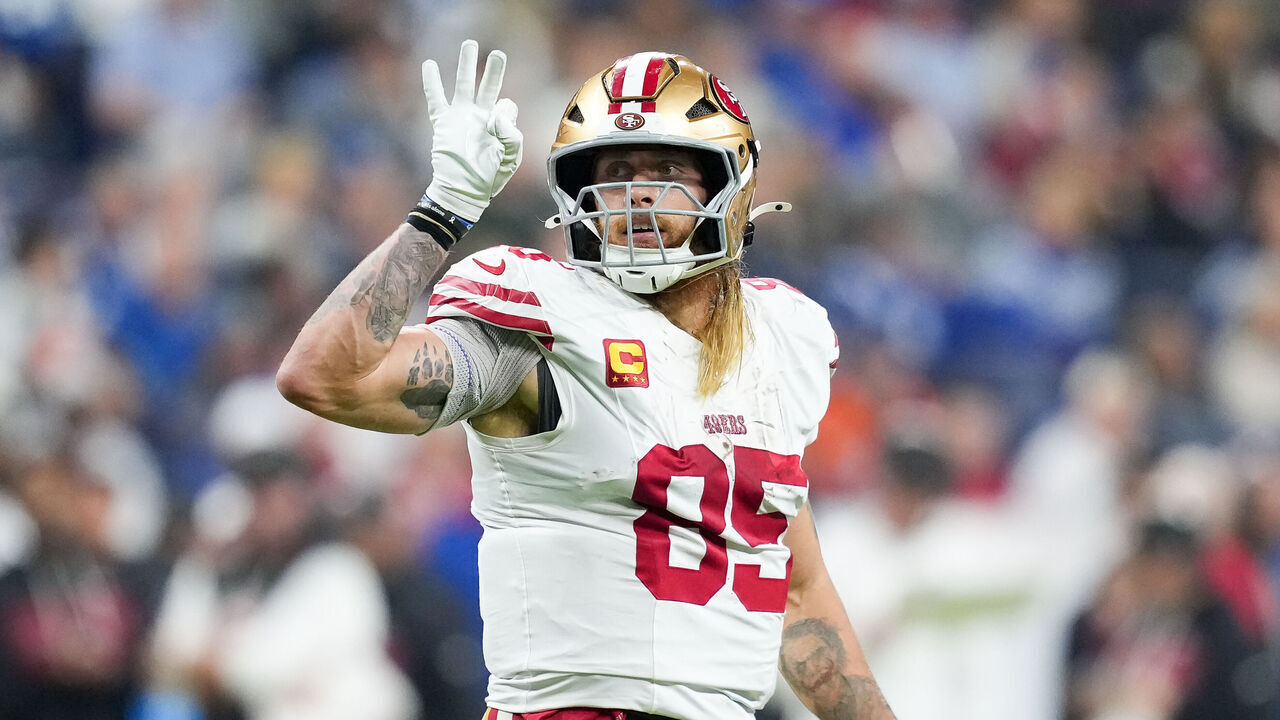 INDIANAPOLIS, INDIANA - DECEMBER 22: George Kittle #85 of the San Francisco 49ers reacts in the second quarter against the Indianapolis Colts at Lucas Oil Stadium on December 22, 2025 in Indianapolis, Indiana.